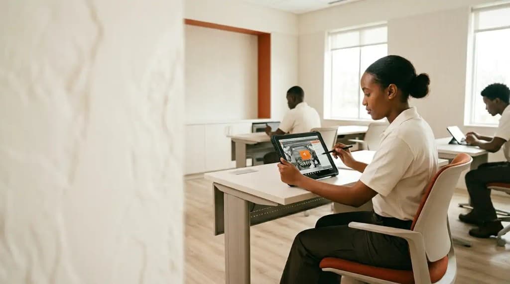 Learner on Electude's interactive platform — automotive diagnostic simulations on a tablet