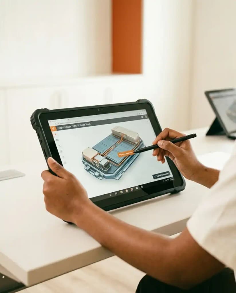 Learners using Electude's interactive automotive modules on a tablet in a bright training space
